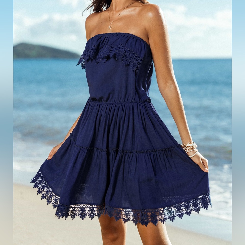 Cupshe Navy Strapless Dress with Lace Trim